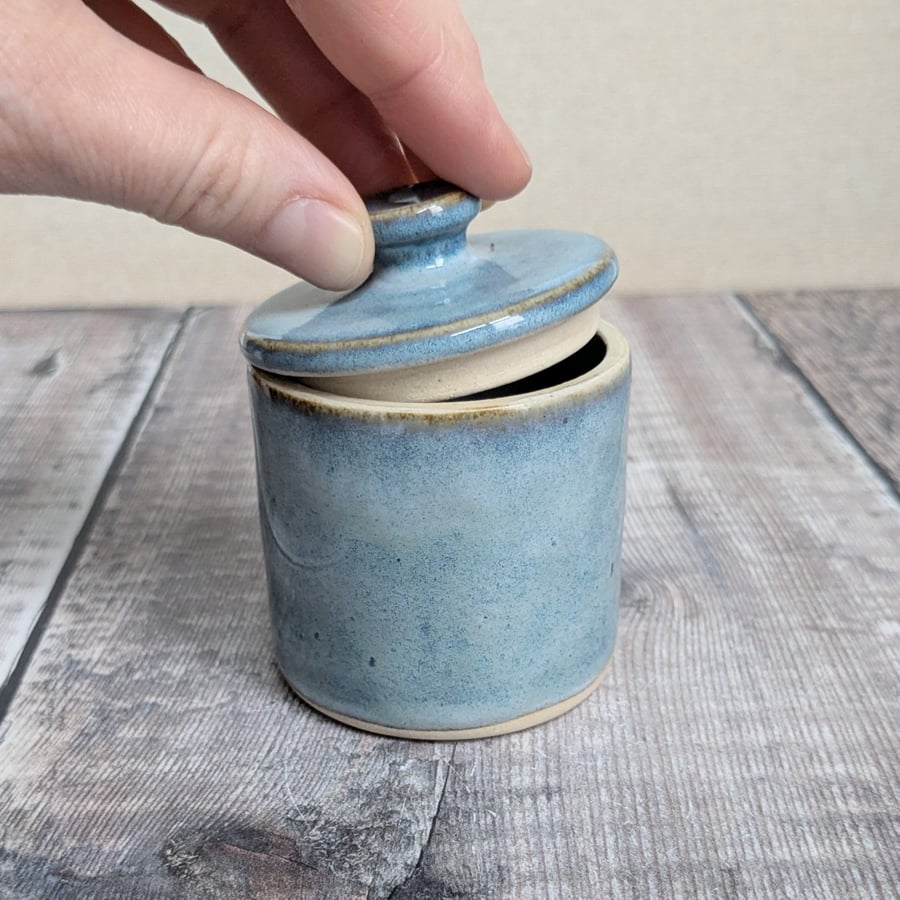 Small ceramic lidded blue pot with