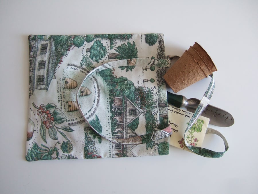 Vintage fabric tote bag, shopping bag or book bag. With gardens, herbs and bees.