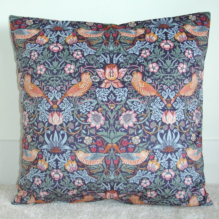 Velvet Cushion Cover William Morris Strawberry Thief 16" Birds Blue 16x16
