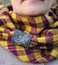 Hand woven unisex check cowl in yellow and purple with an embroidered dragonfly - Image 7