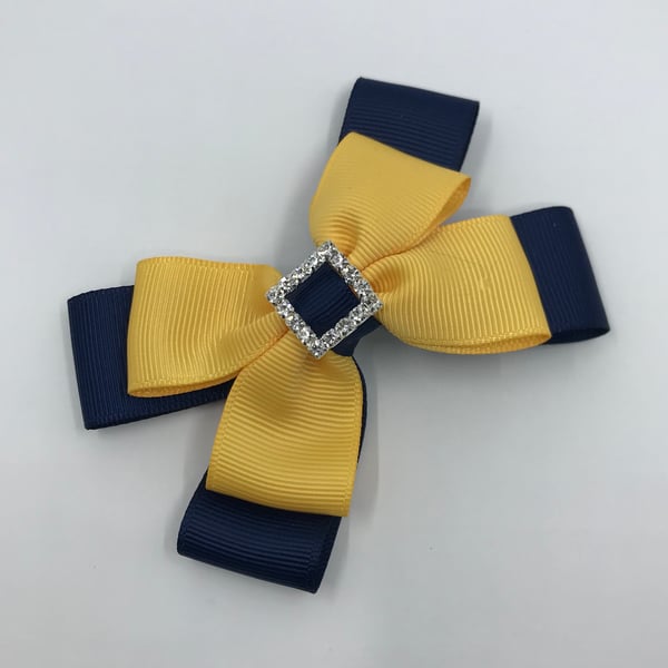 Navy and Yellow Gold Double Layer Bow on Clip