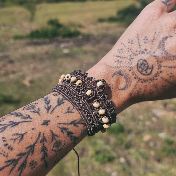 Boho Brown Macrame Bracelet and Anklet with Wooden Beads