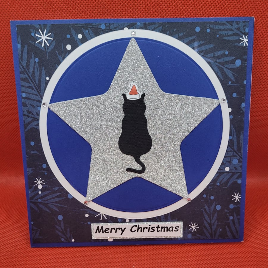 Xmas Star Cat Christmas Card blue