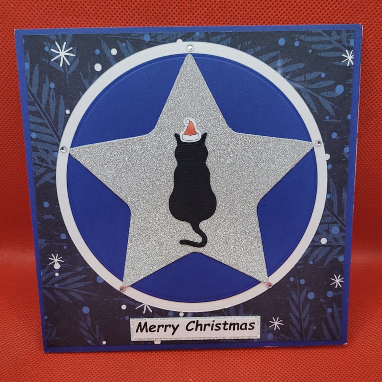 Xmas Star Cat Christmas Card blue