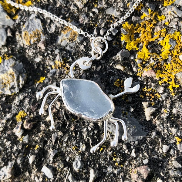 Cornflower Blue Sea Glass and Sterling Silver Crab Pendant - 1302