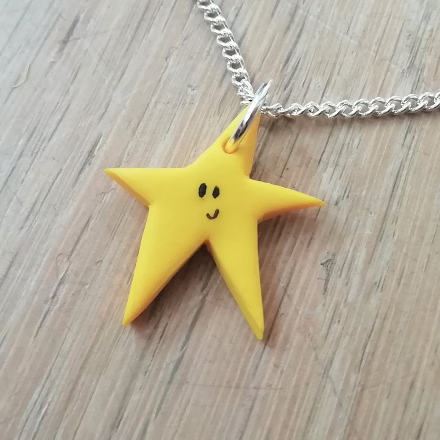 Star pendant necklace, sliver chain, yellow polymer clay star, christmas gift