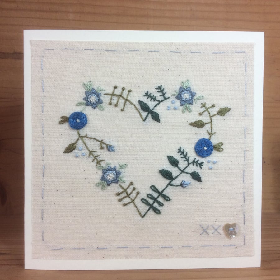 Floral Heart in blue hand embroidered card