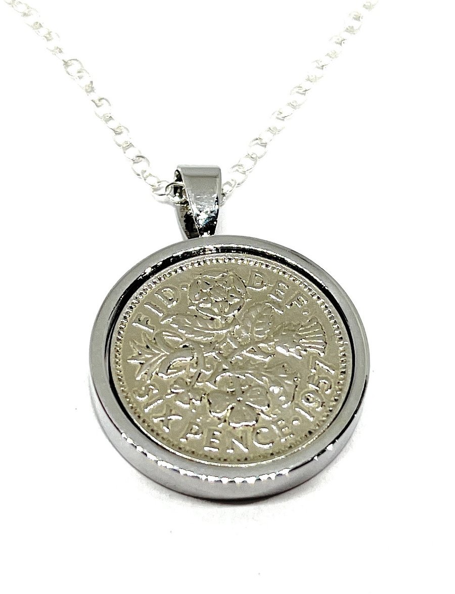 1967 57th Birthday Anniversary sixpence coin solid pendant plus 24 inch SS chain