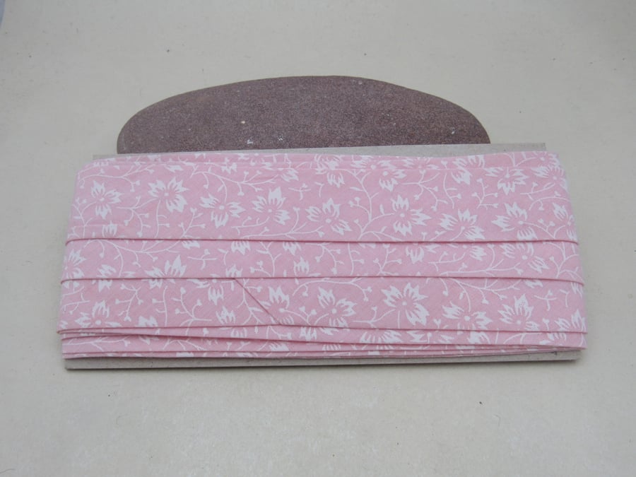 5m Handmade 1 Inch Pink  Flowered Cotton Bias Binding