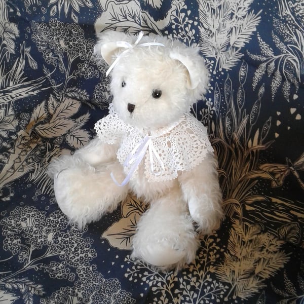 Collector's teddy bear, Ammi a jointed Mohair bear with a vintage lace collar