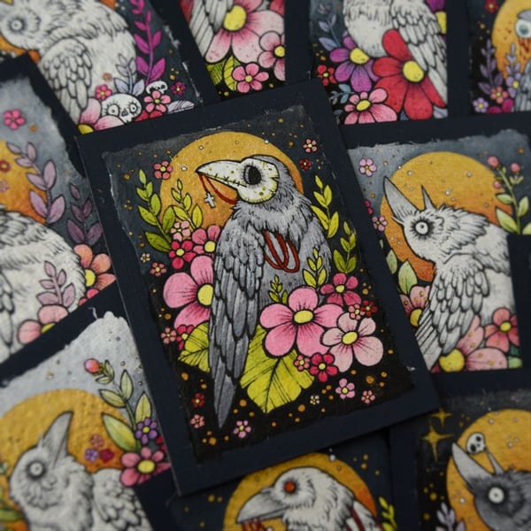 slight seconds - black crow in spring blossom - original aceo illustration