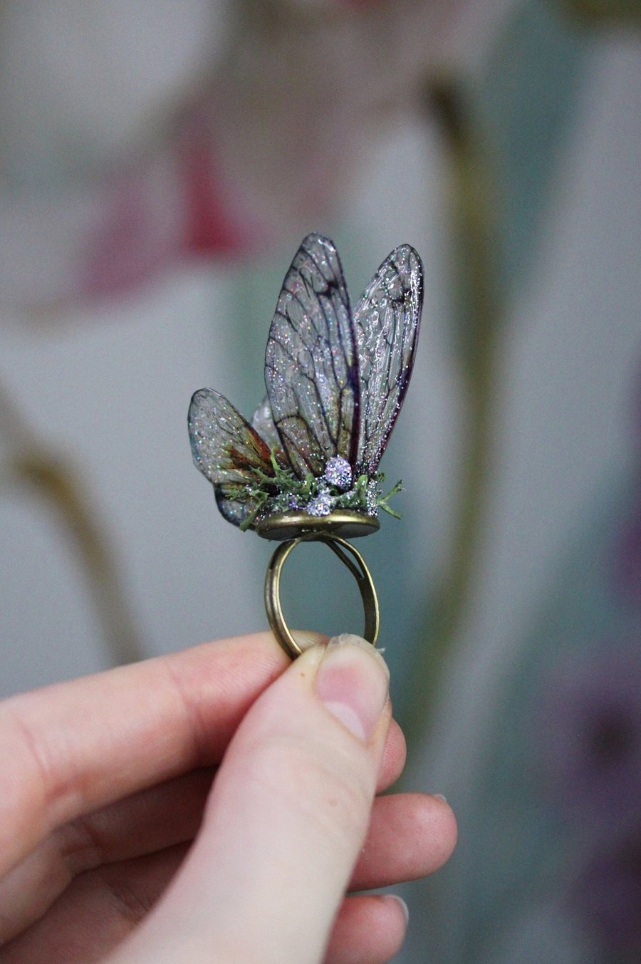 Magical Natural Dark Sparkle Sprite Wings - Gossamer Fairy Wing Ring Cicada
