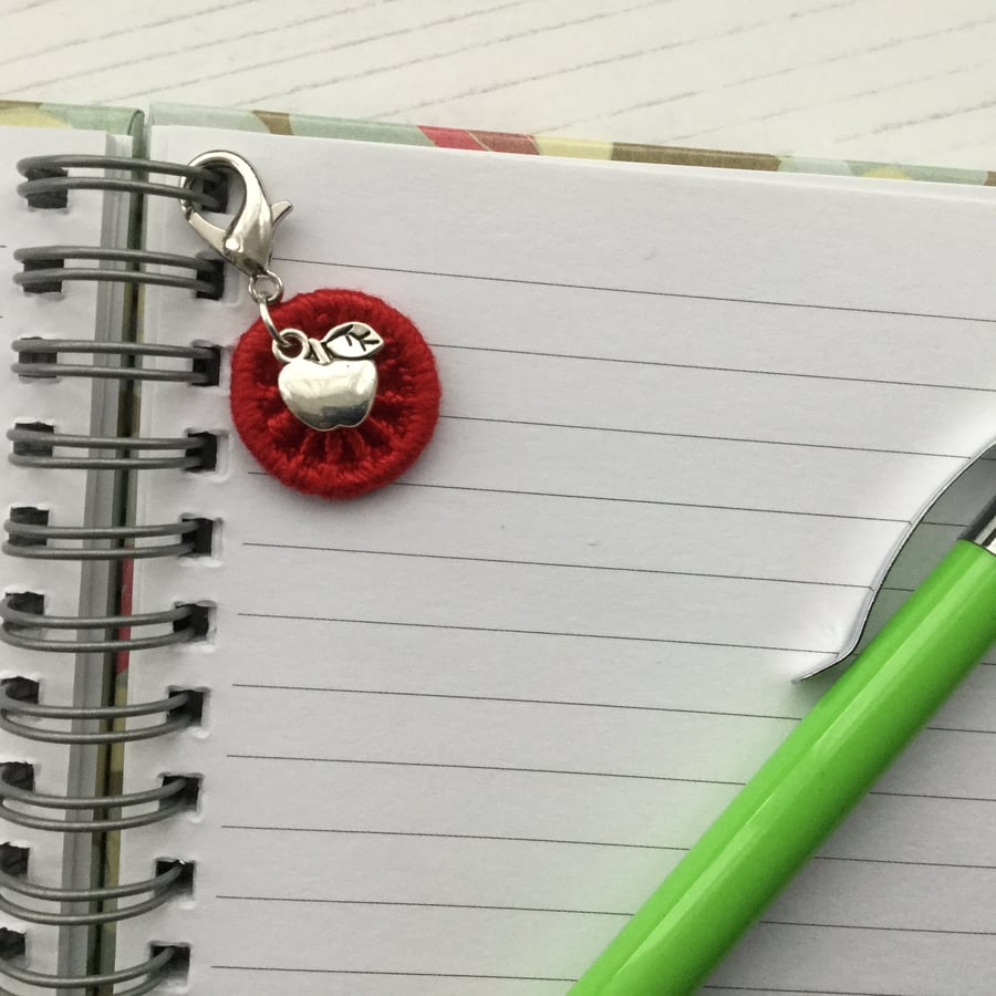 Charm for a Zip, Bag or Journal with an Apple and a Red Dorset Button