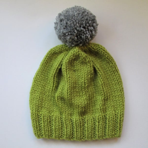 Bobble Hat in Lime Green Chunky Yarn with Grey Pom Pom