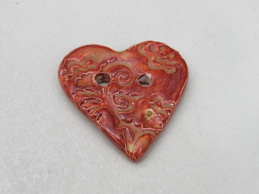 Medium Bright Copper Brocade Texture Heart Shaped Ceramic Button