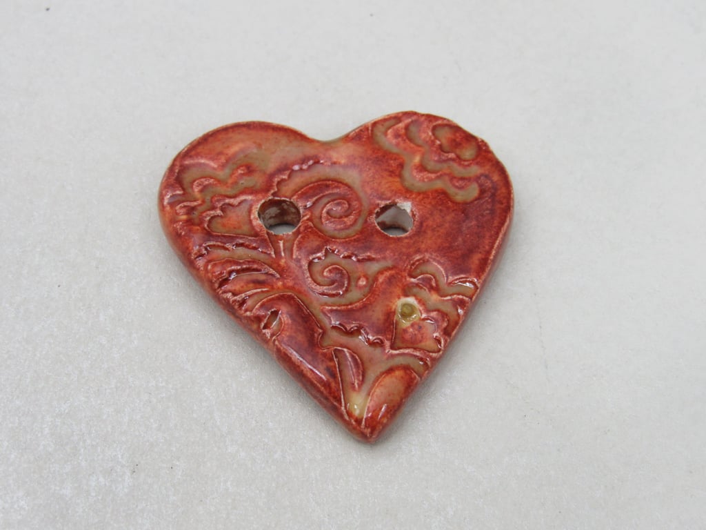 Medium Bright Copper Brocade Texture Heart Shaped Ceramic Button