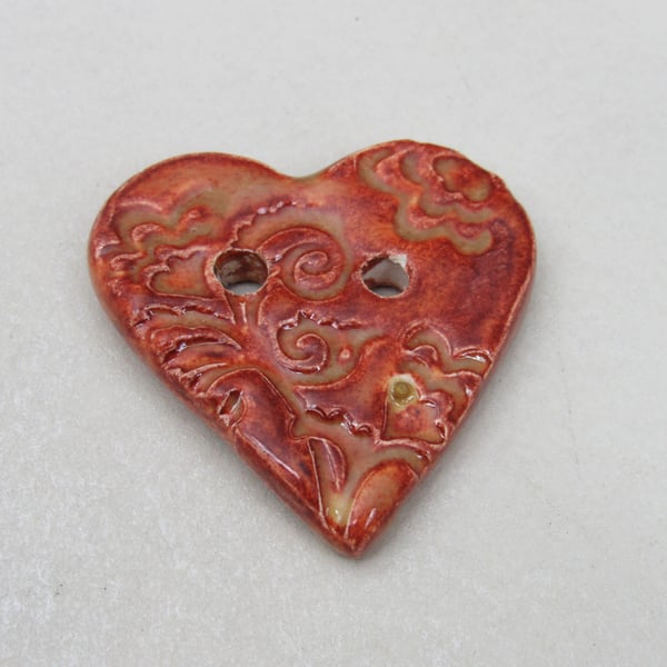 Medium Bright Copper Brocade Texture Heart Shaped Ceramic Button