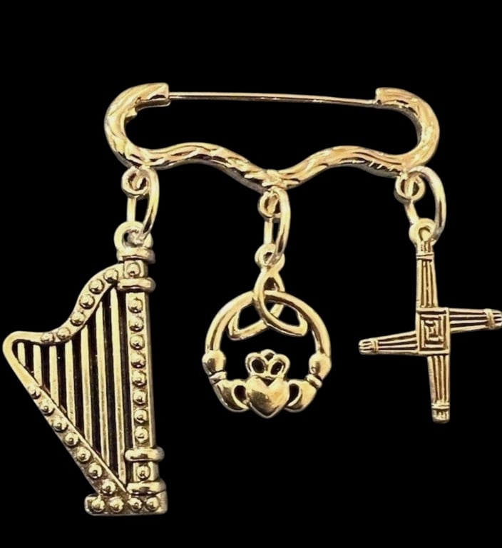 ST BRIGID’S Cross Claddagh Harp Brooch Pin Gaelic Ireland Irish 