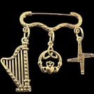 ST BRIGID’S Cross Claddagh Harp Brooch Pin Gaelic Ireland Irish 