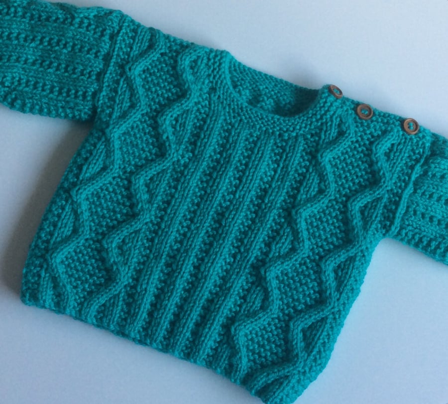 Baby jumper jade green hand knit 3-6 months 