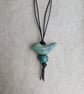 Green ceramic bird pendant on dark brown leather cord - Image 3
