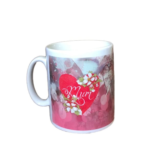 Mum Hearts And Flowers Design Mug. Mothers Day, Birthday Gift Mugs.