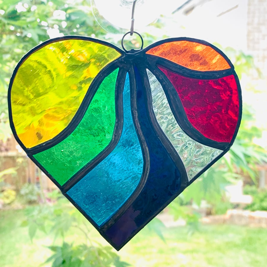 Stained Glass Wavy Heart Suncatcher - Multi Rainbow