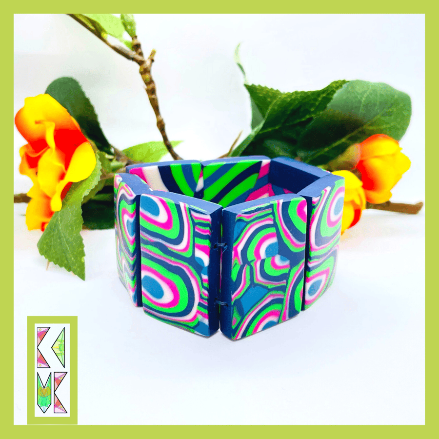 Blue, Teal, Hot Pink & Apple Green, Handmade Polymer Clay Tile Bracelet