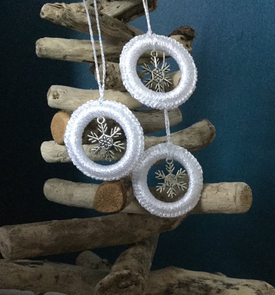 Crochet Christmas Tree Decoration in White with a Snowflake Charm