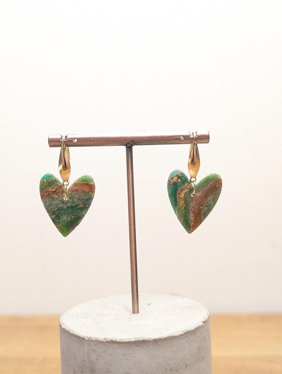 Green earthy agate polymer clay earrings- gold heart 