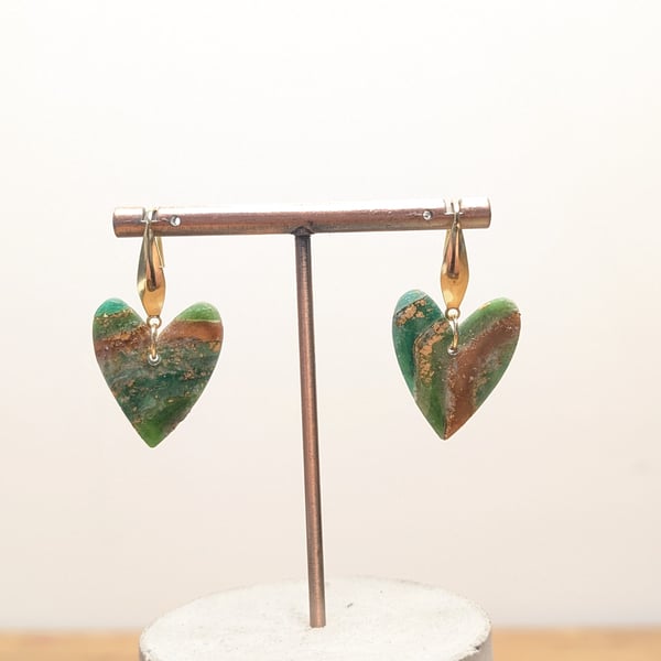 Green earthy agate polymer clay earrings- gold heart 