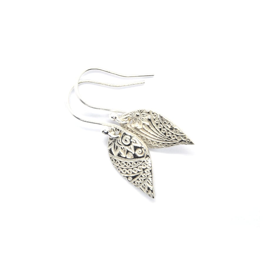 Silver Boho leaf shaped drop earrings