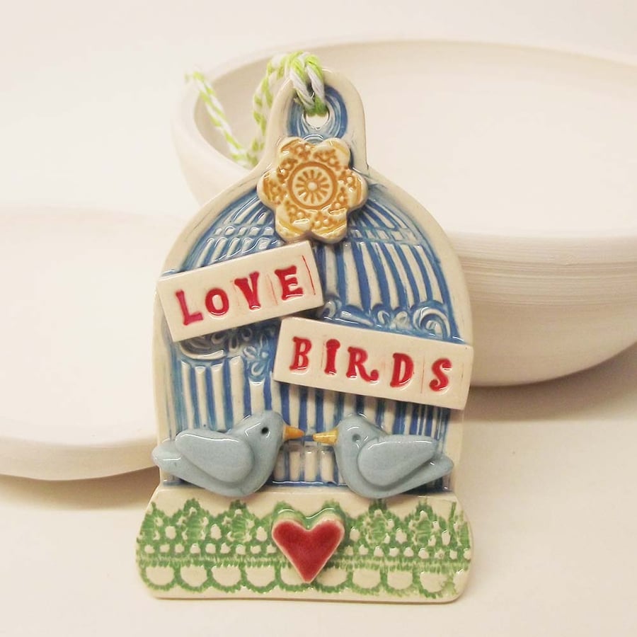 Little ceramic lovebirds hanging decoration Wedding Bride Groom