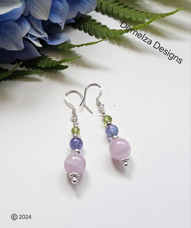 Tanzanite, Peridot, Pink Kunzite Hand Made Sterling Silver Earrings 