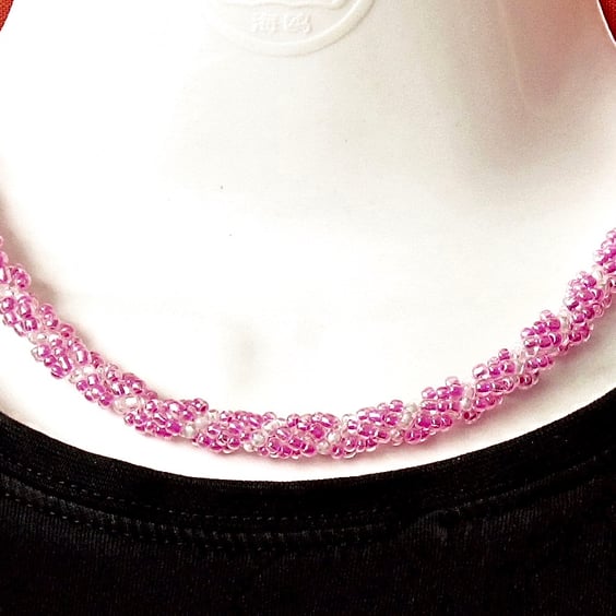 Slimline Choker: Silver Lined & Hot Pink Seed Beads in a Spiral Weave