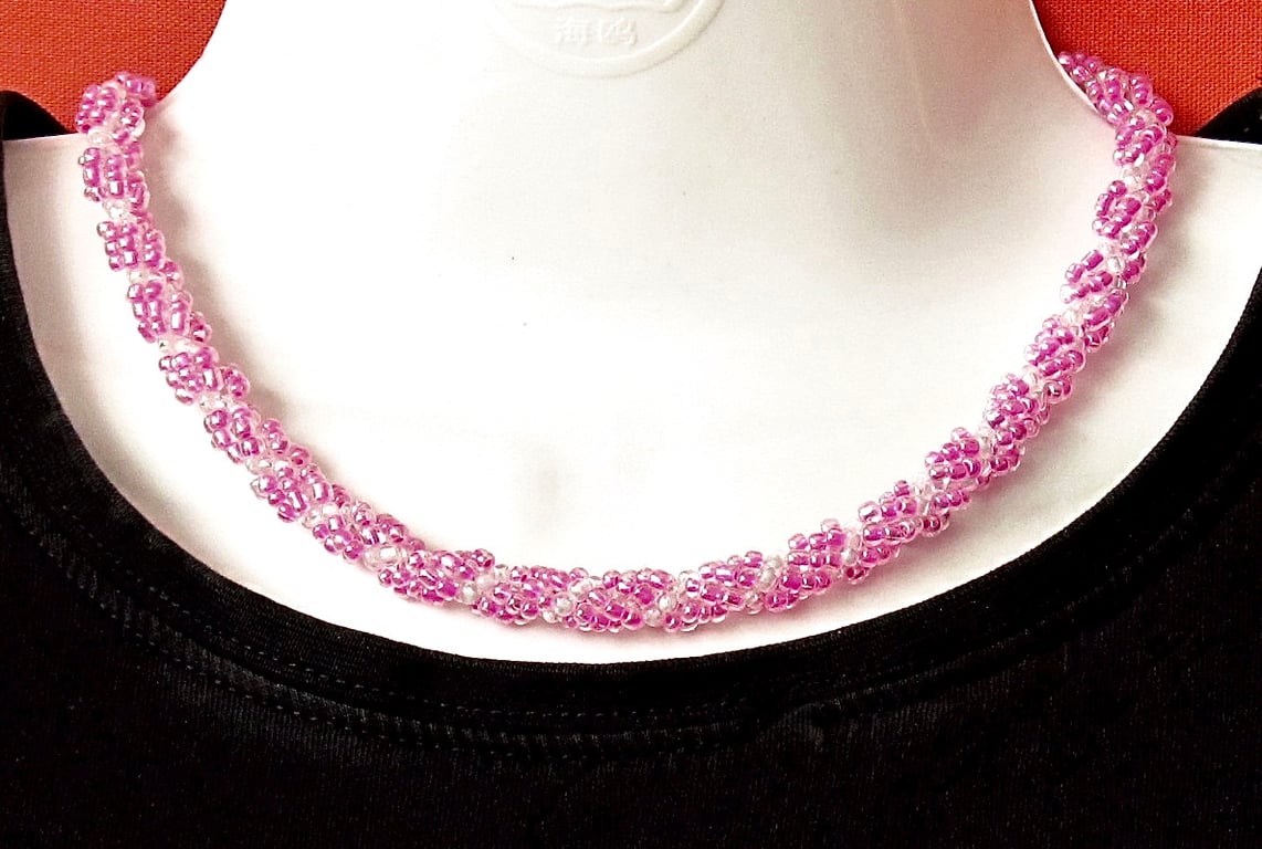 Slimline Choker: Silver Lined & Hot Pink Seed Beads in a Spiral Weave