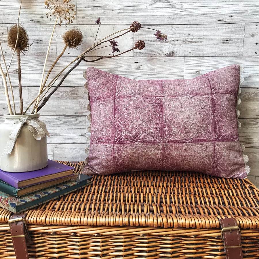 Hand Printed Linen Cushion - HERTHA - Raspberry Red
