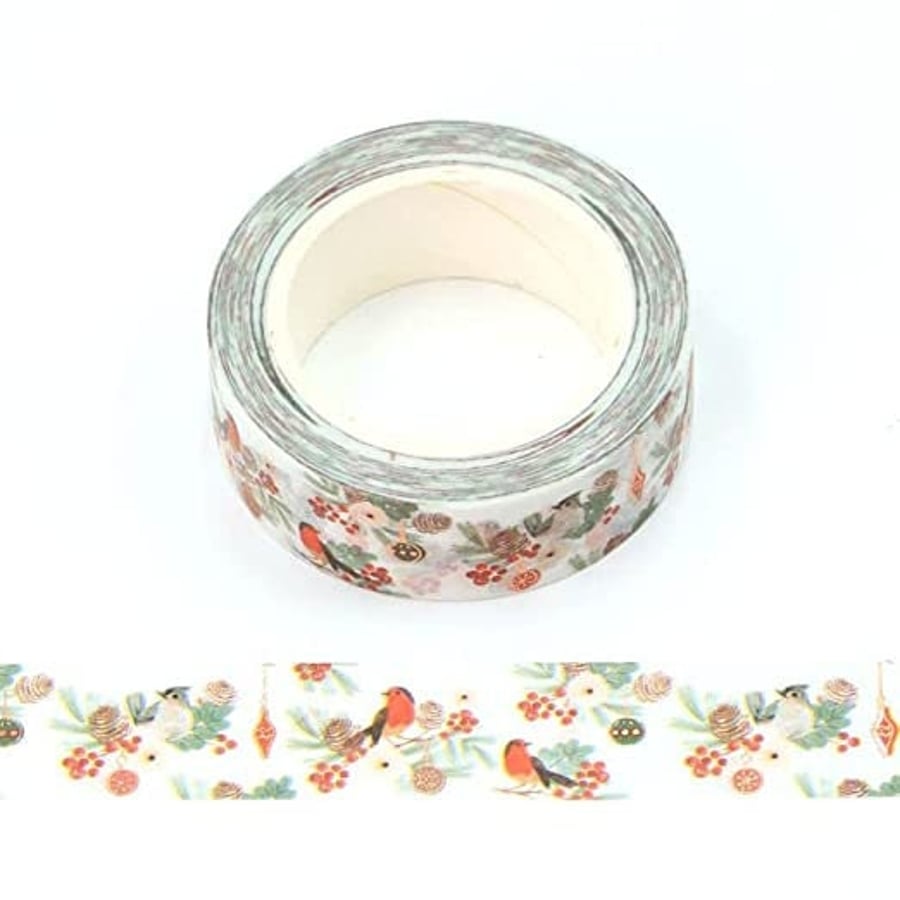 White Foil Robin and Winter Flower Embossed Decorative Tape 15mm x 10m for Scrap