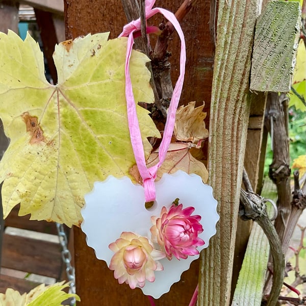 Hanging beeswax heart with Pink Helichrysum