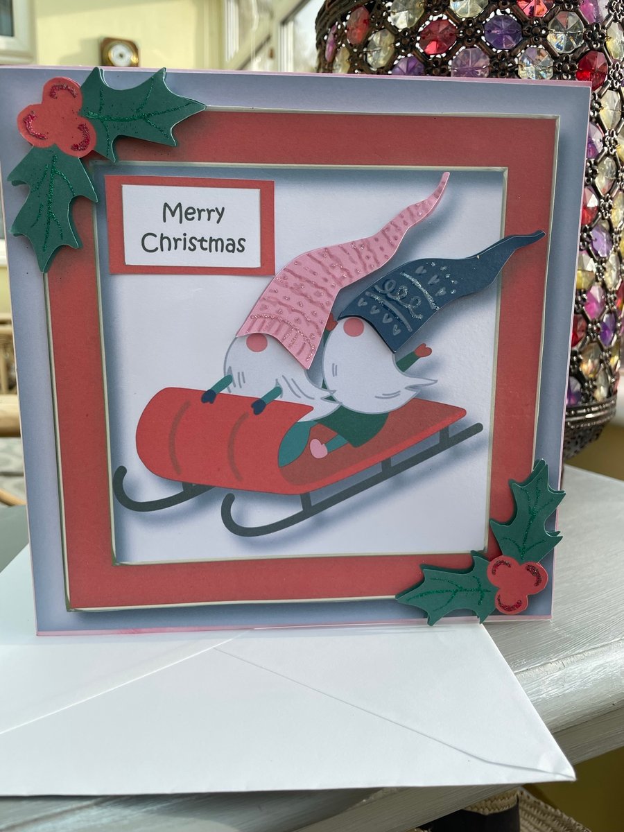Gnomes on a sleigh funny christmas card