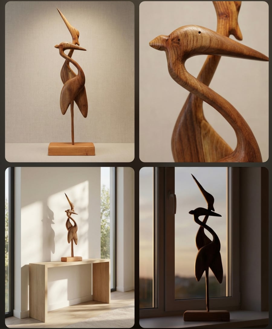 Wooden Elm heron birds  sculpture 