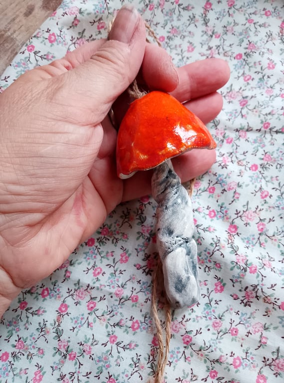 ceramic hanging mushroom bright orange medium