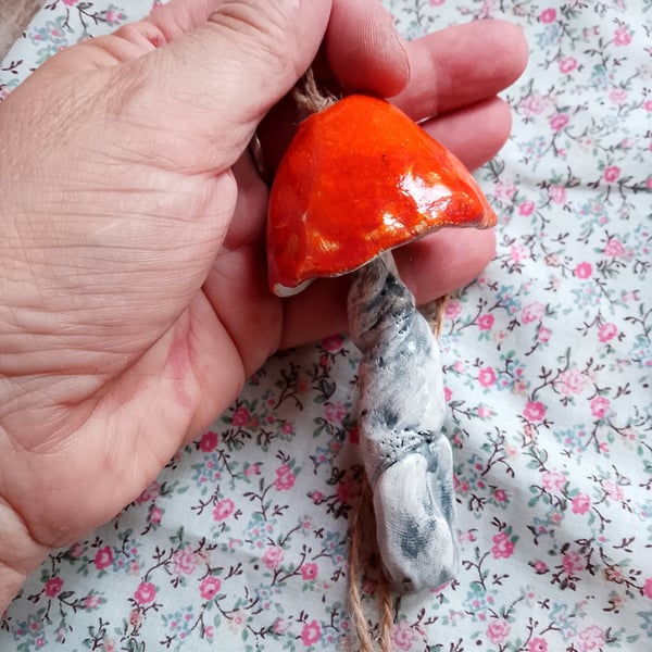 ceramic hanging mushroom bright orange medium