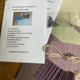 Beginners Smocking Kit to Create a Postcard Sampler, Mushroom and Mauve