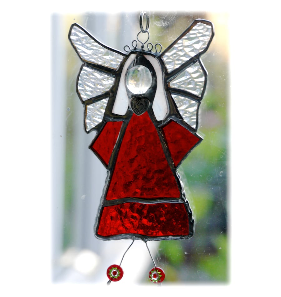 Angel Suncatcher Stained Glass Red Heart Handmade 020