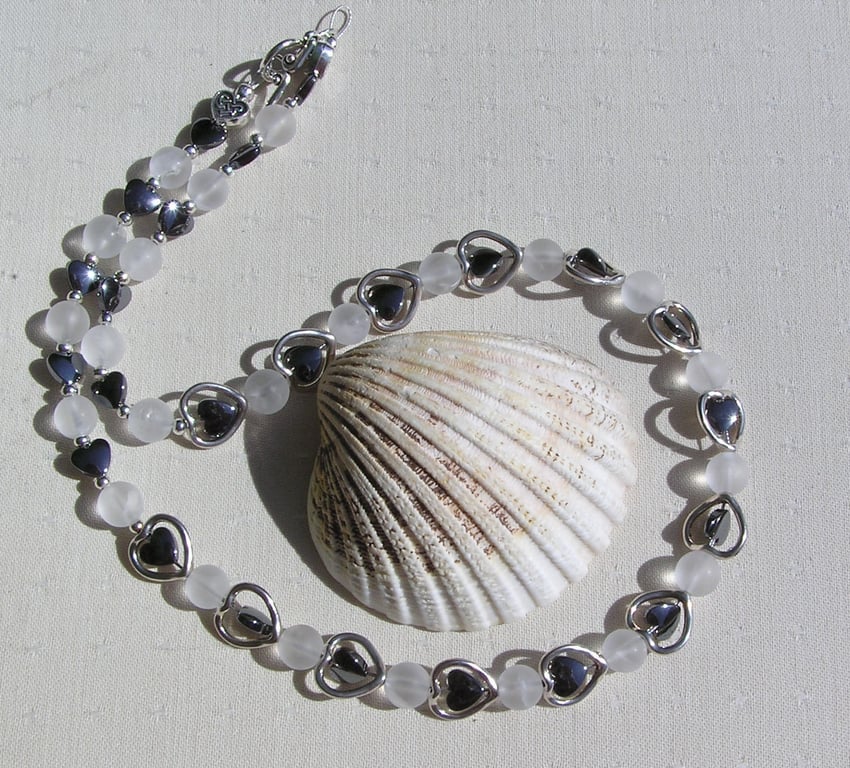 Frosted Clear Quartz & Black Hematite Gemstone Beaded Heart Necklace