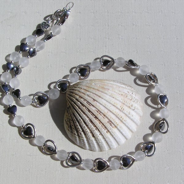 Frosted Clear Quartz & Black Hematite Gemstone Beaded Heart Necklace