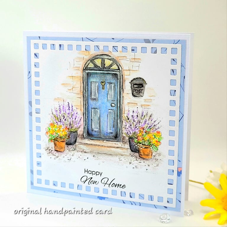 New Home Card -  handpainted original - blue door, plant pots, lavender