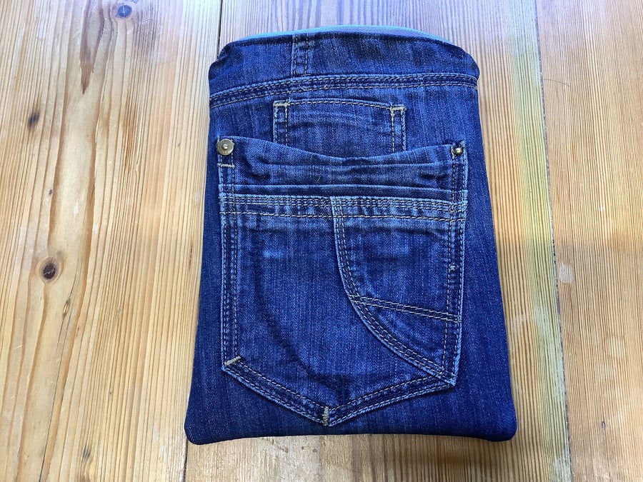 Kindle protective storage case, sewn from a fun fabric. and preloved denim