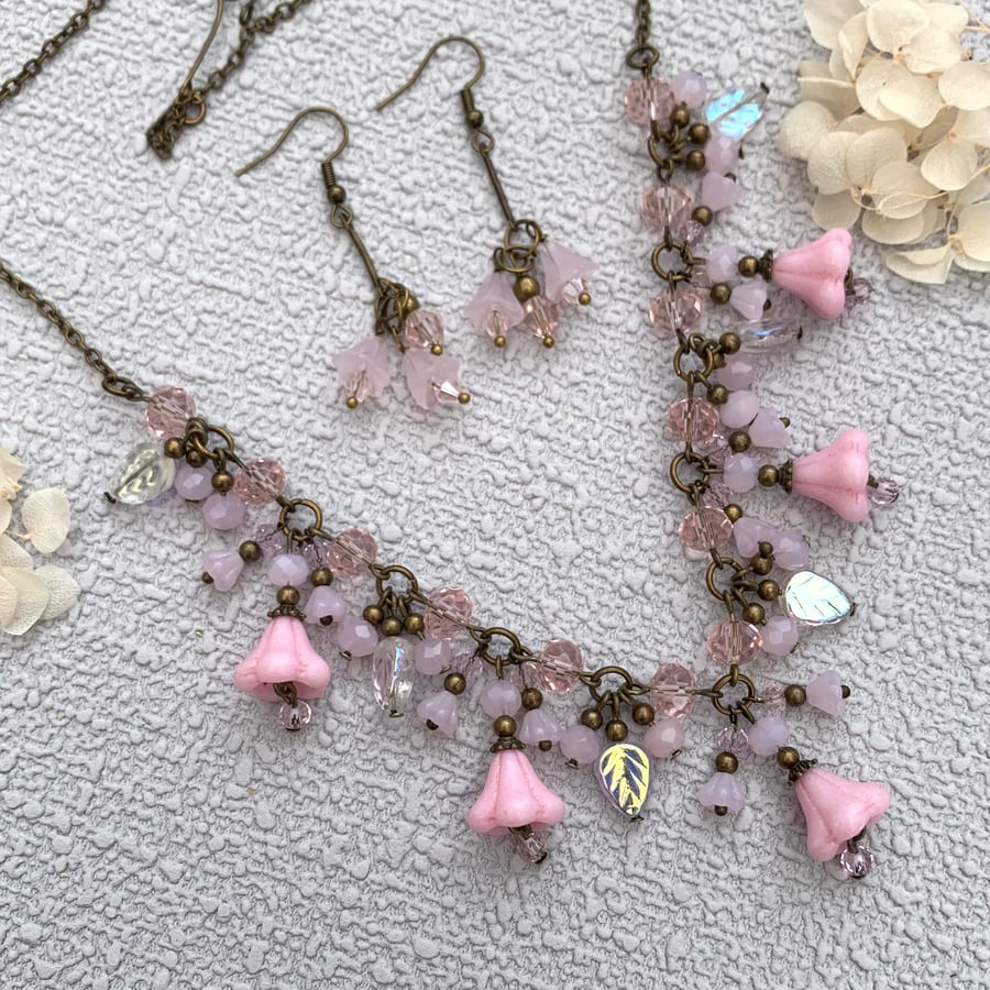 Czech Glass and Bronze Vintage Style Pink Floral Necklace Set